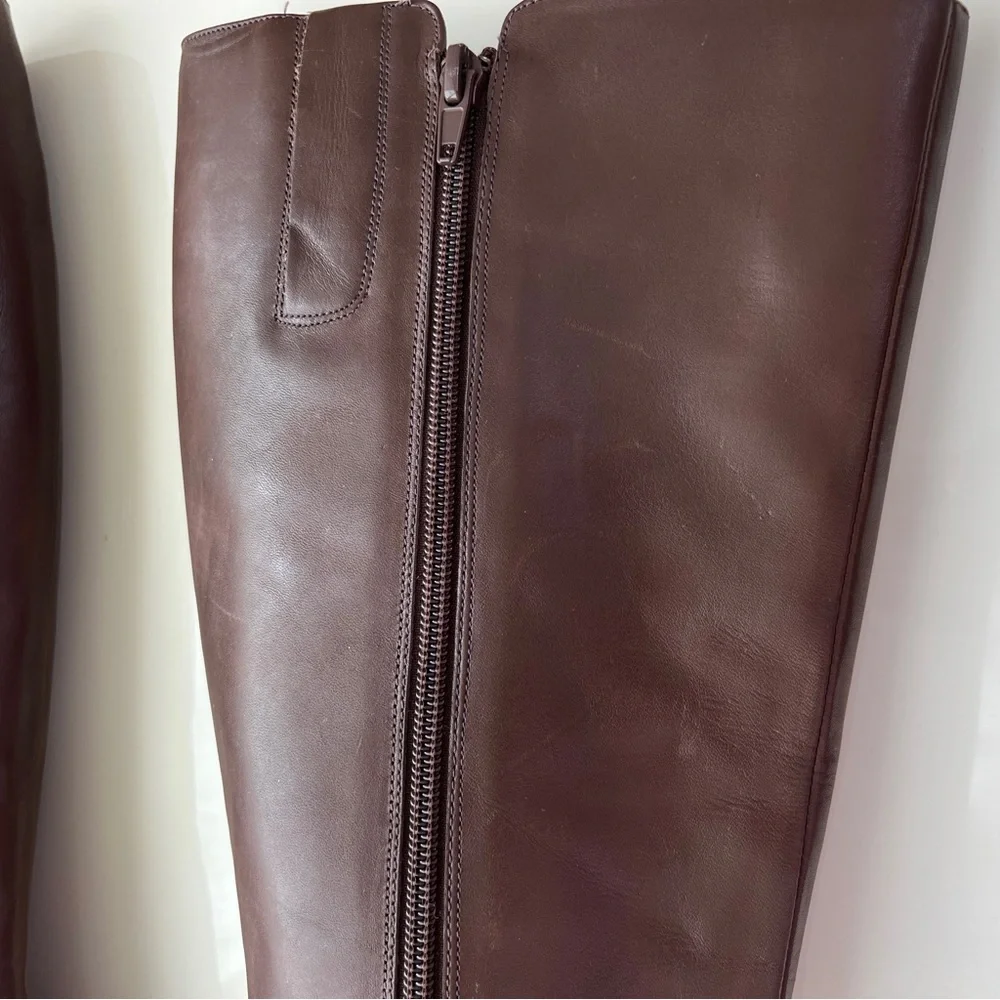 Nine West Sz 7 Varin Wide Calf Brown Leather Wood Wedge Knee High Boots - Picture 8 of 15